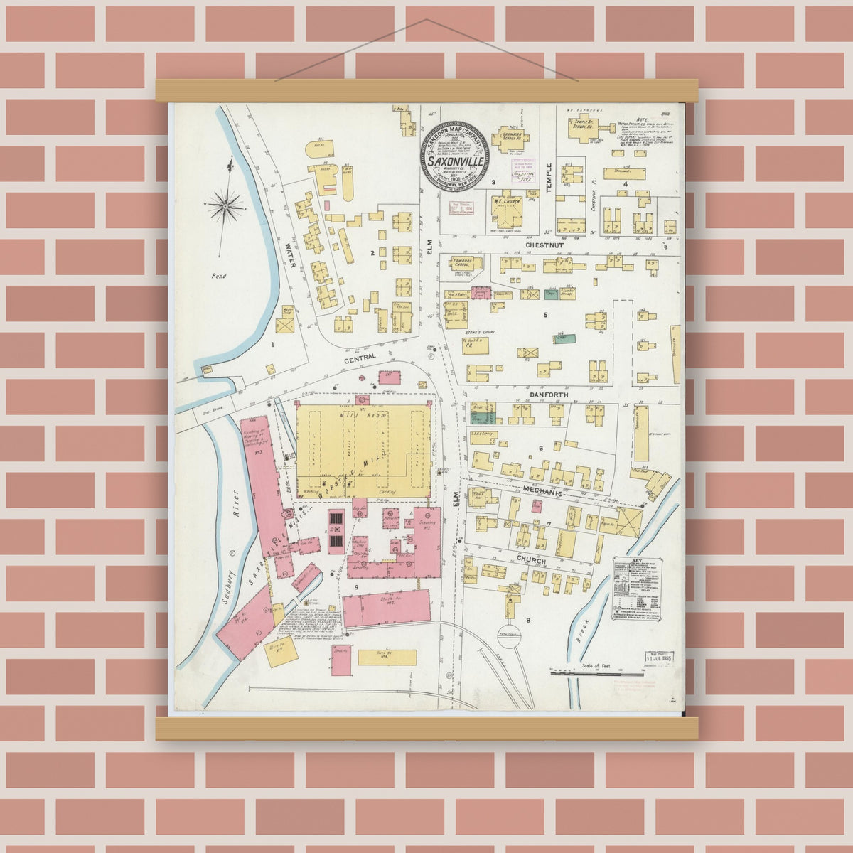 Old map wall art mockup — magnetic wood frame on brick wall — Sanborn Fire Insurance Map from Saxonville, Middlesex County, Massachusetts (1906), Sheet #0001