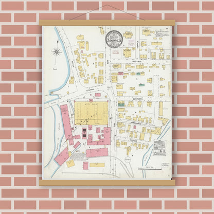 Old map wall art mockup — magnetic wood frame on brick wall — Sanborn Fire Insurance Map from Saxonville, Middlesex County, Massachusetts (1906), Sheet #0001