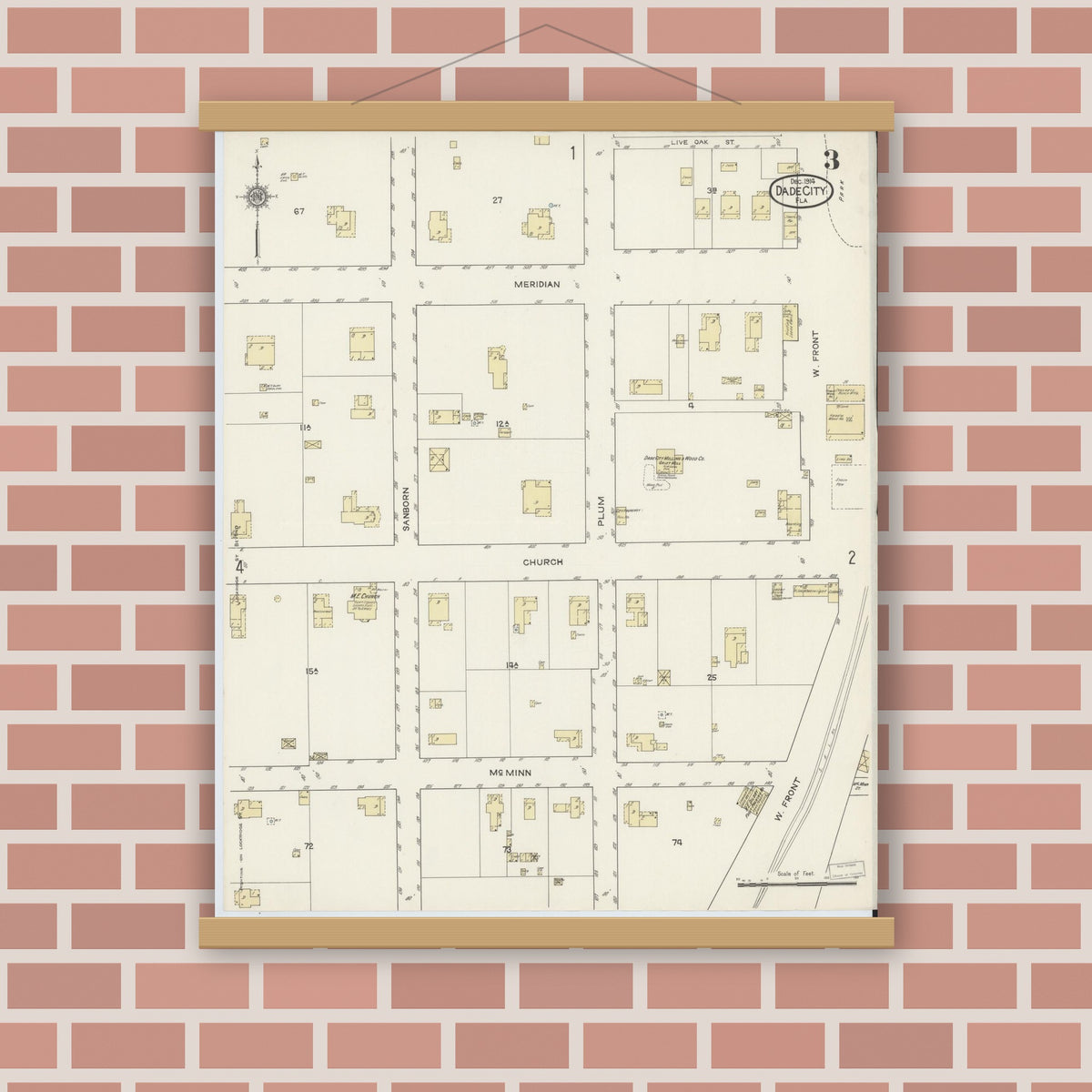 Old map wall art mockup — magnetic wood frame on brick wall — Sanborn Fire Insurance Map from Dade City, Pasco County, Florida (1914), Sheet #0003