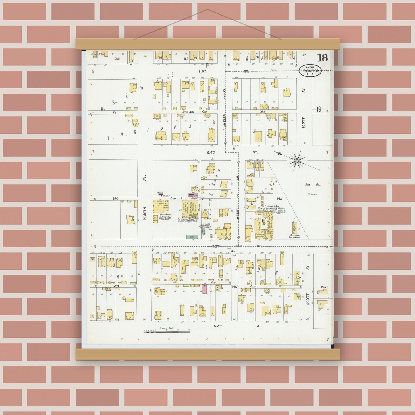 Old map wall art mockup — magnetic wood frame on brick wall — Sanborn Fire Insurance Map from Ironton, Lawrence County, Ohio (1900), Sheet #0018