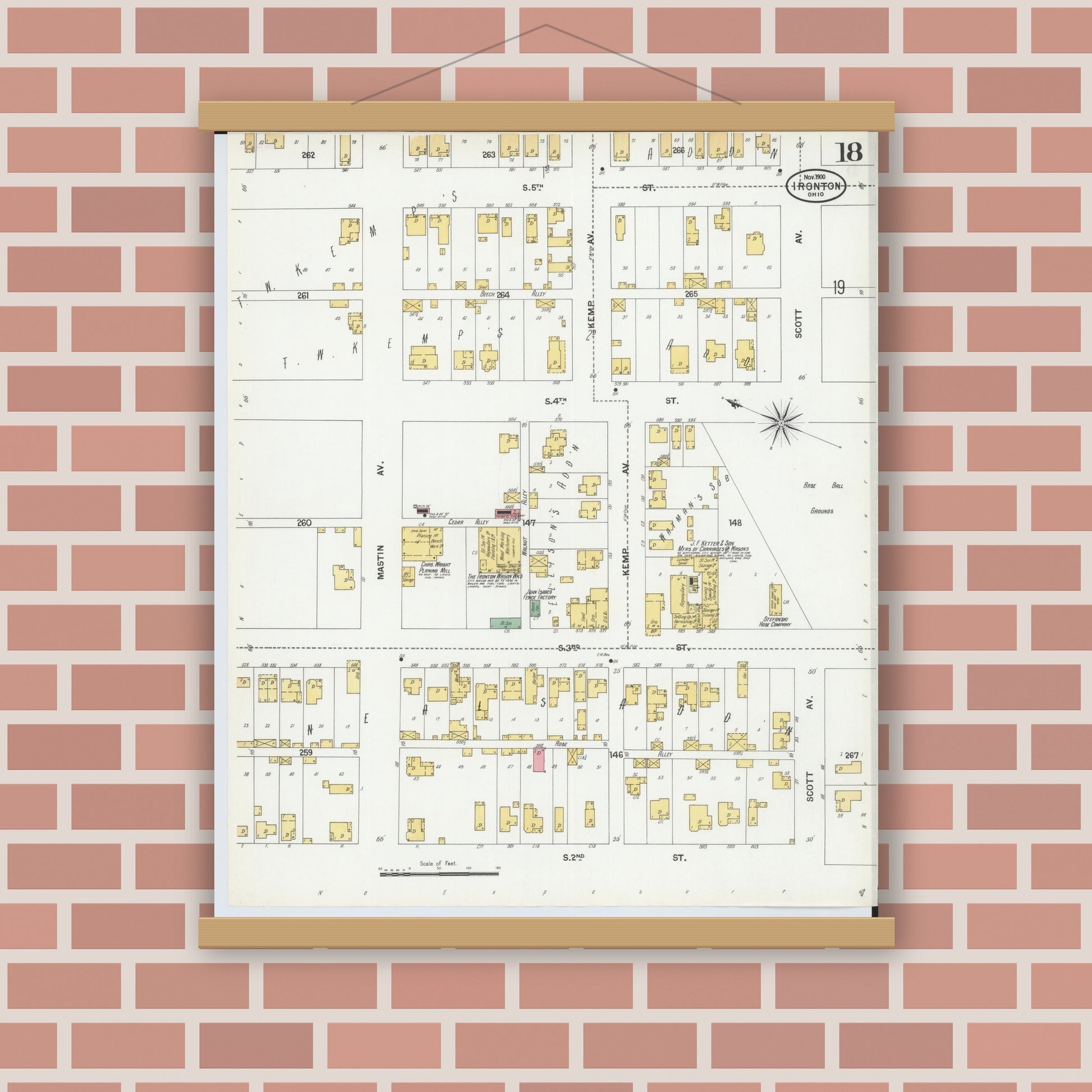 Old map wall art mockup — magnetic wood frame on brick wall — Sanborn Fire Insurance Map from Ironton, Lawrence County, Ohio (1900), Sheet #0018
