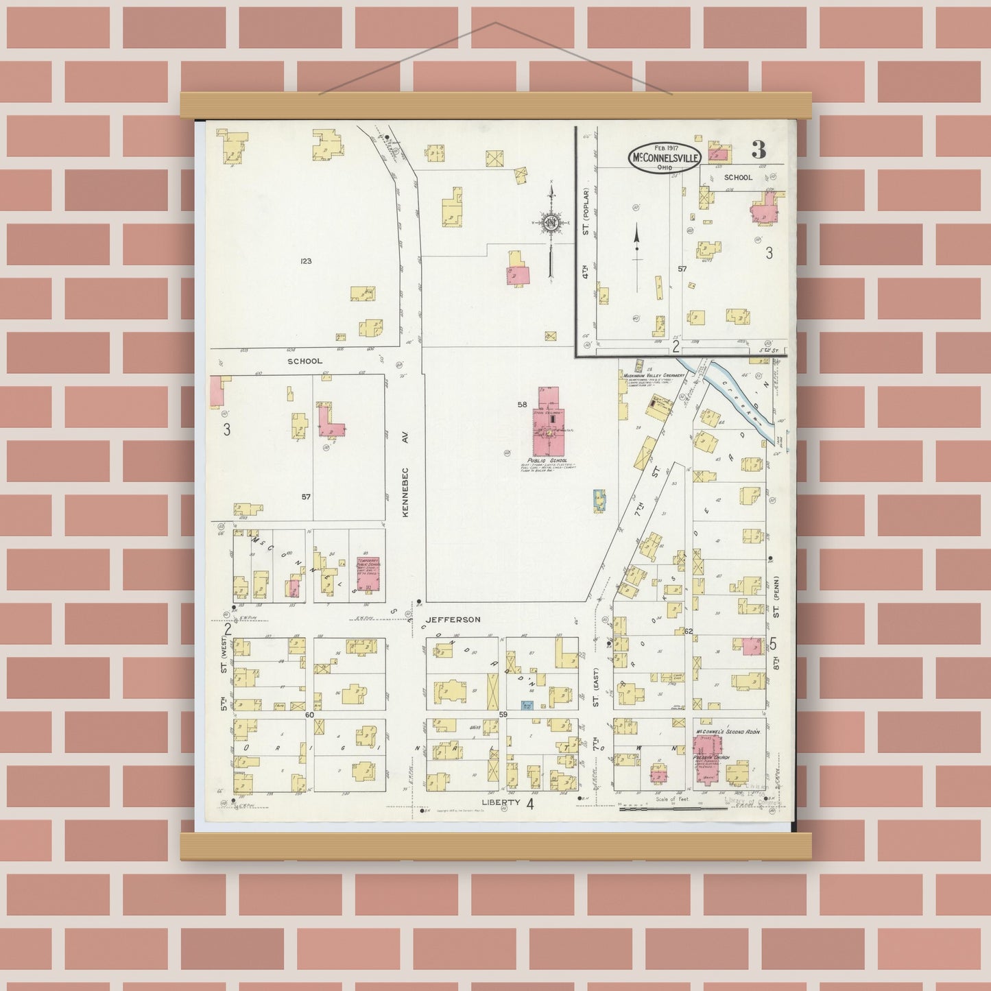 Old map wall art mockup — magnetic wood frame on brick wall — Sanborn Fire Insurance Map from McConnelsville, Morgan County, Ohio (1917), Sheet #0003