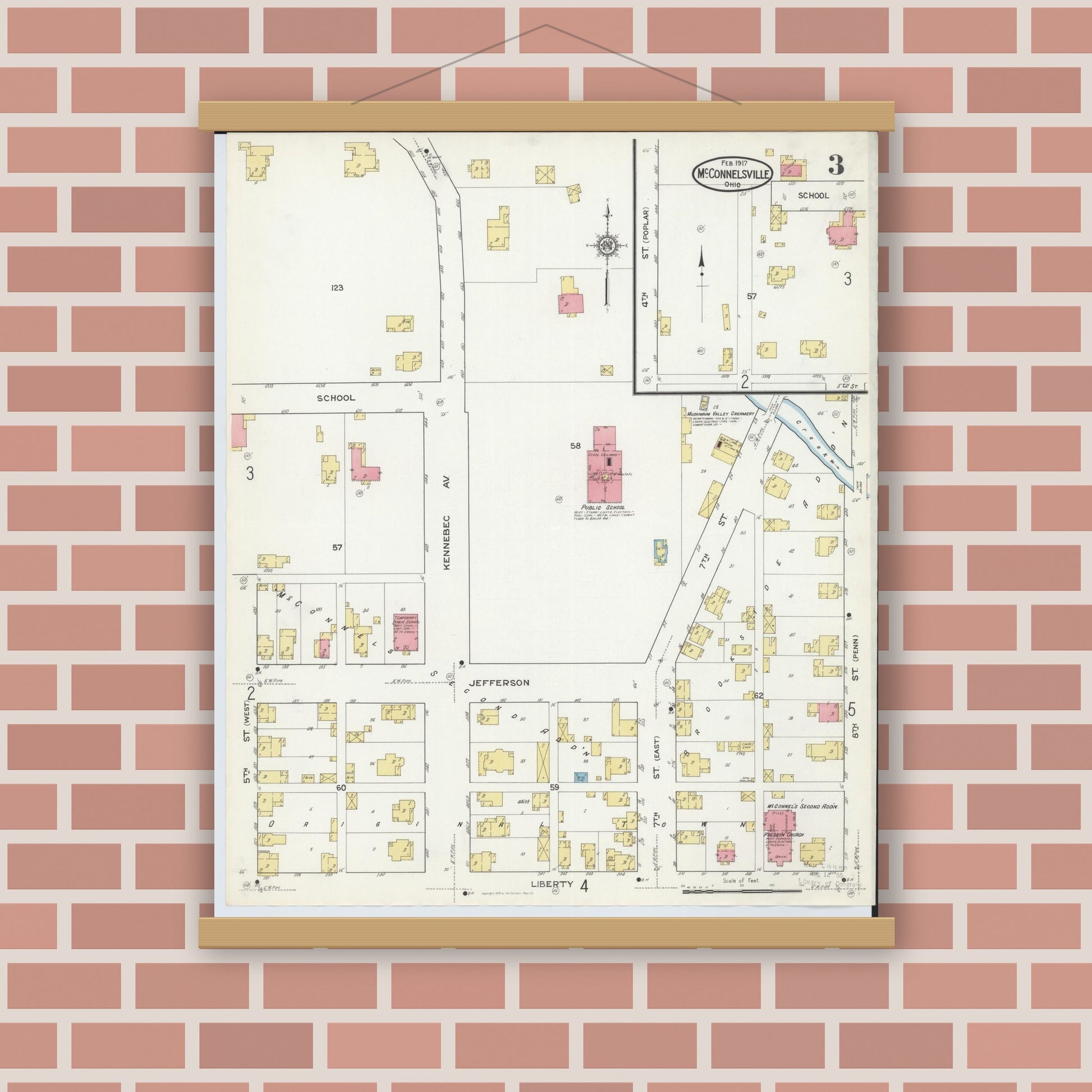 Old map wall art mockup — magnetic wood frame on brick wall — Sanborn Fire Insurance Map from McConnelsville, Morgan County, Ohio (1917), Sheet #0003