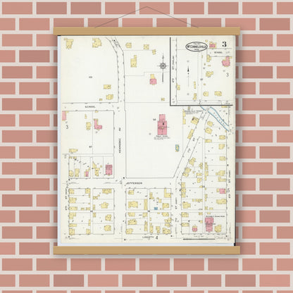 Old map wall art mockup — magnetic wood frame on brick wall — Sanborn Fire Insurance Map from McConnelsville, Morgan County, Ohio (1917), Sheet #0003