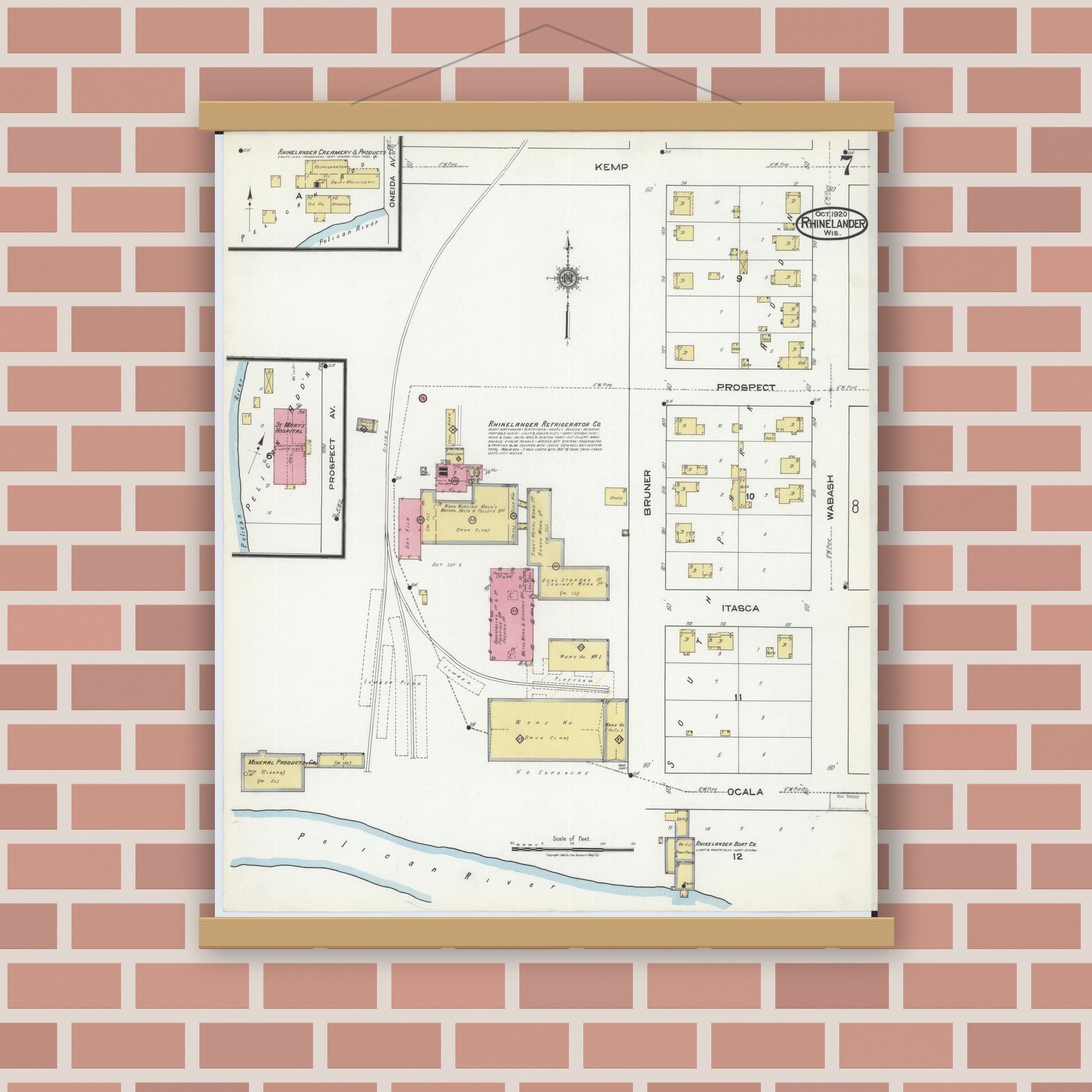 Old map wall art mockup — magnetic wood frame on brick wall — Sanborn Fire Insurance Map from Rhinelander, Oneida County, Wisconsin (1920), Sheet #0007