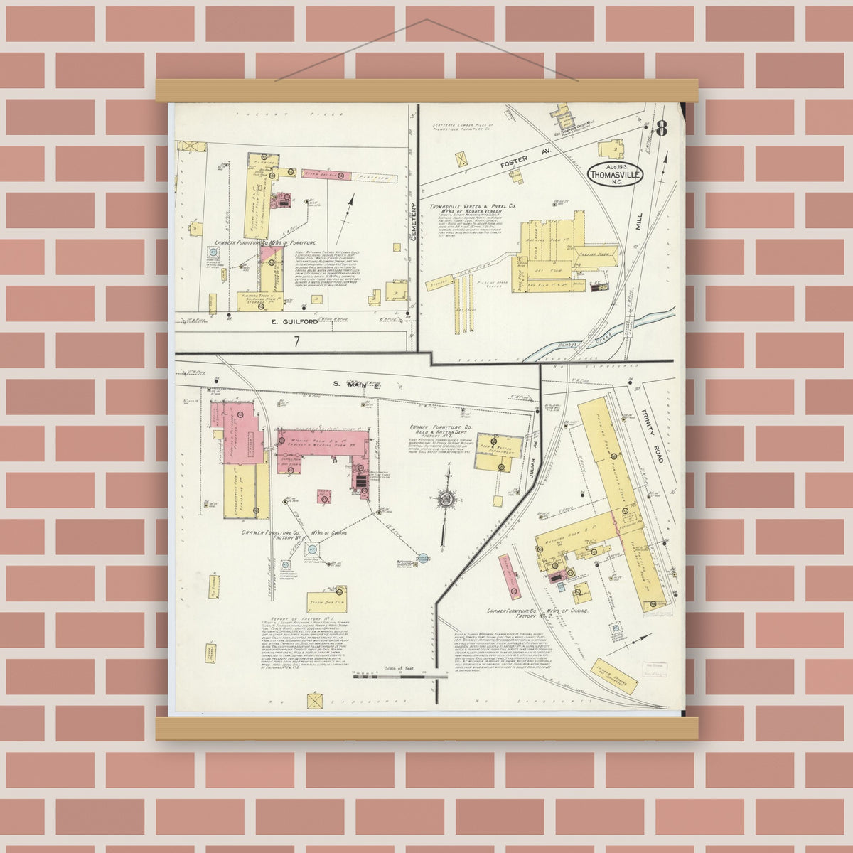 Old map wall art mockup — magnetic wood frame on brick wall — Sanborn Fire Insurance Map from Thomasville, Davidson County, North Carolina (1913), Sheet #0008