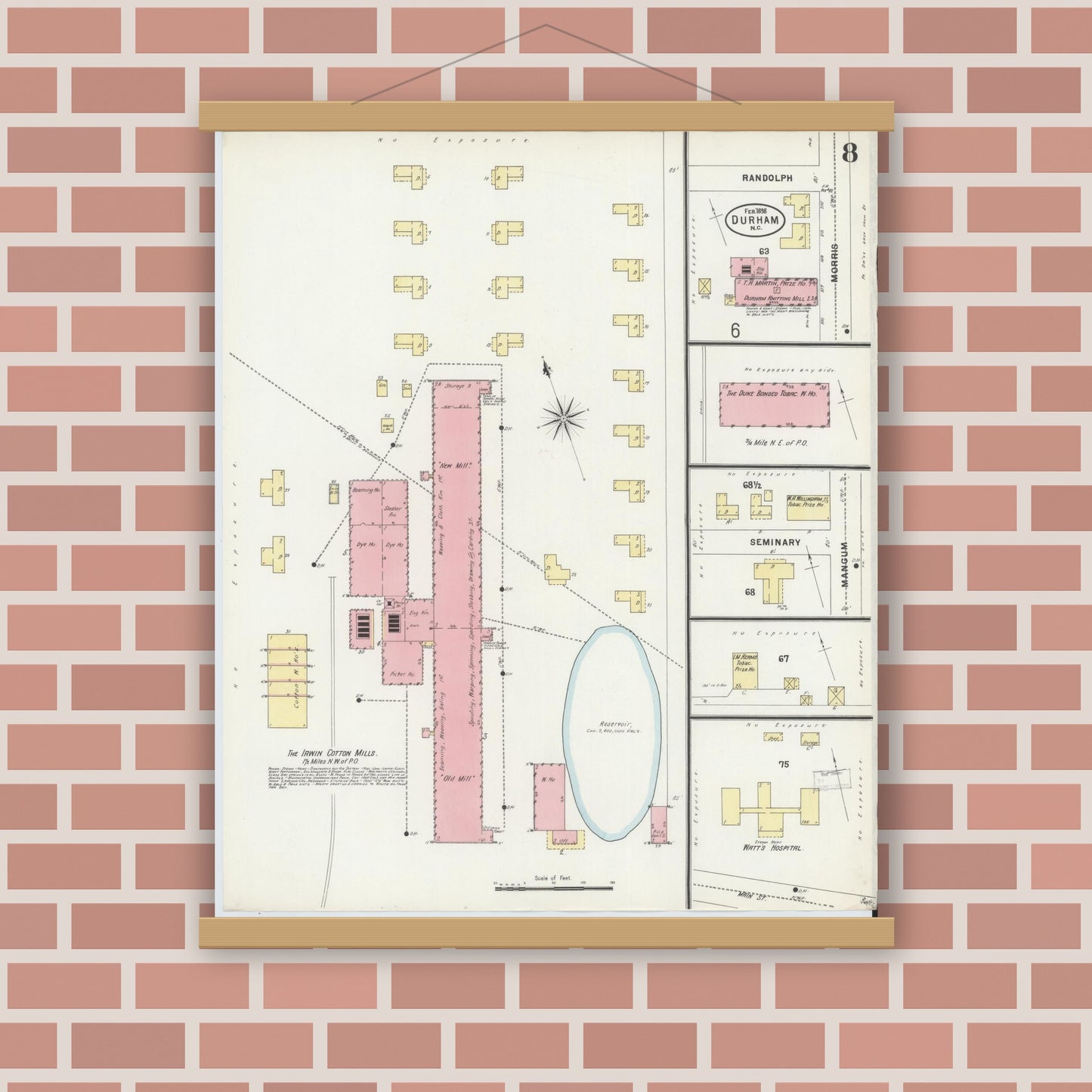 Old map wall art mockup — magnetic wood frame on brick wall — Sanborn Fire Insurance Map from Durham, Durham County, North Carolina (1898), Sheet #0008