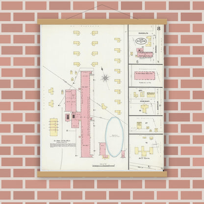 Old map wall art mockup — magnetic wood frame on brick wall — Sanborn Fire Insurance Map from Durham, Durham County, North Carolina (1898), Sheet #0008