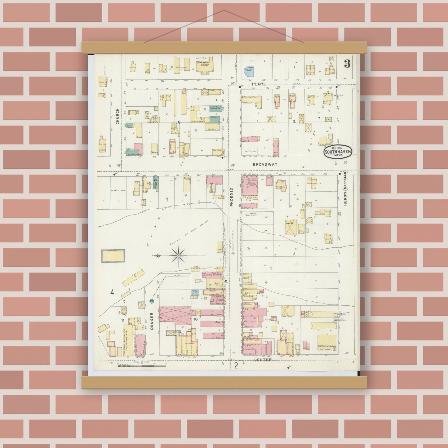 Old map wall art mockup — magnetic wood frame on brick wall — Sanborn Fire Insurance Map from South Haven, Van Buren County, Michigan (1896), Sheet #0003
