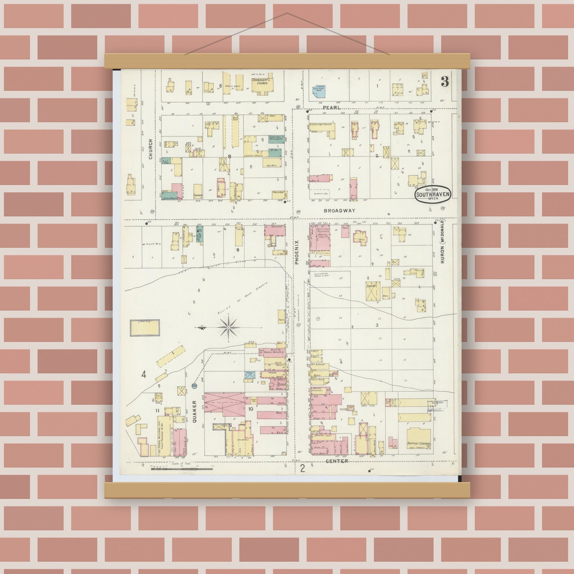 Old map wall art mockup — magnetic wood frame on brick wall — Sanborn Fire Insurance Map from South Haven, Van Buren County, Michigan (1896), Sheet #0003