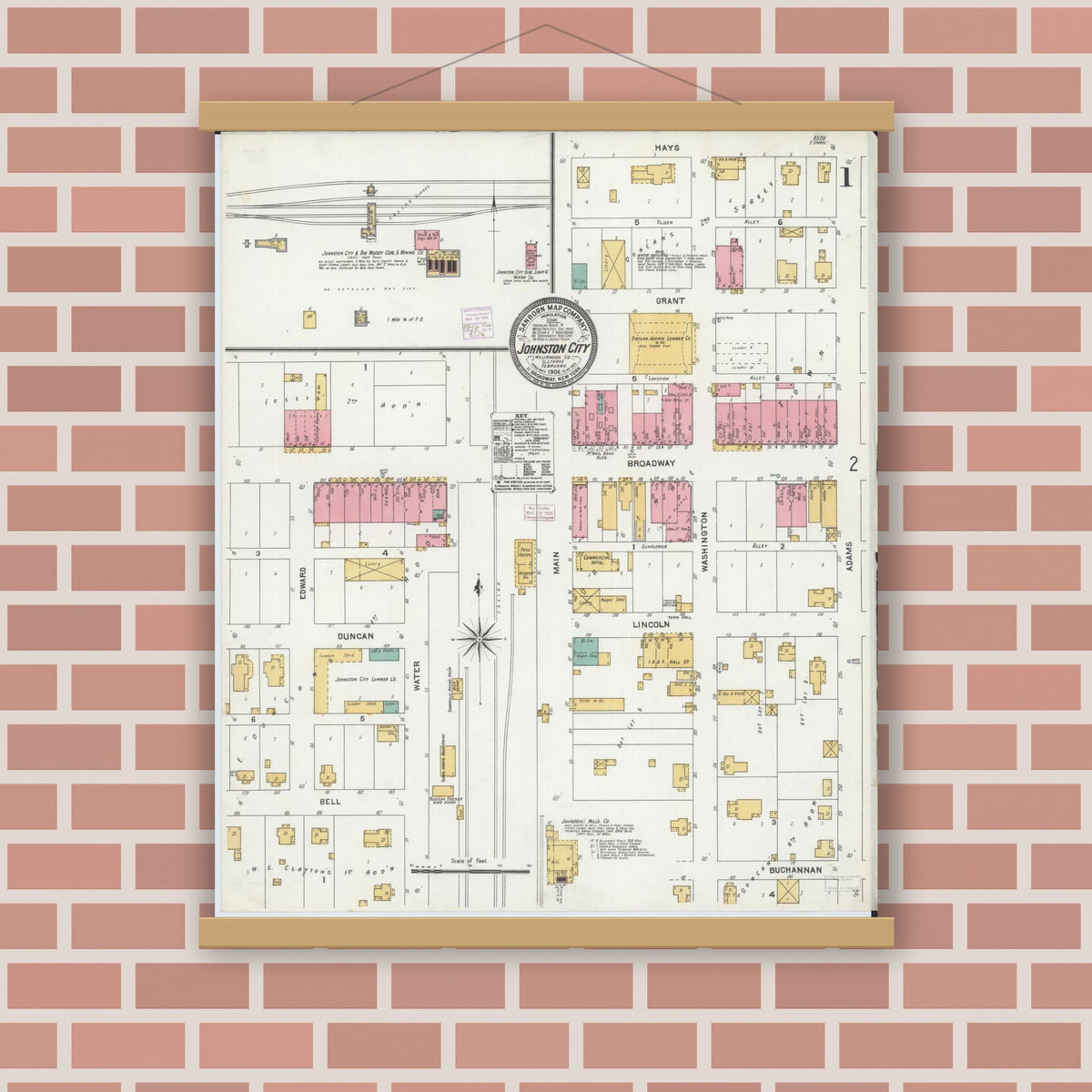 Old map wall art mockup — magnetic wood frame on brick wall — Sanborn Fire Insurance Map from Johnston City, Williamson County, Illinois (1906) - Complete Map Set