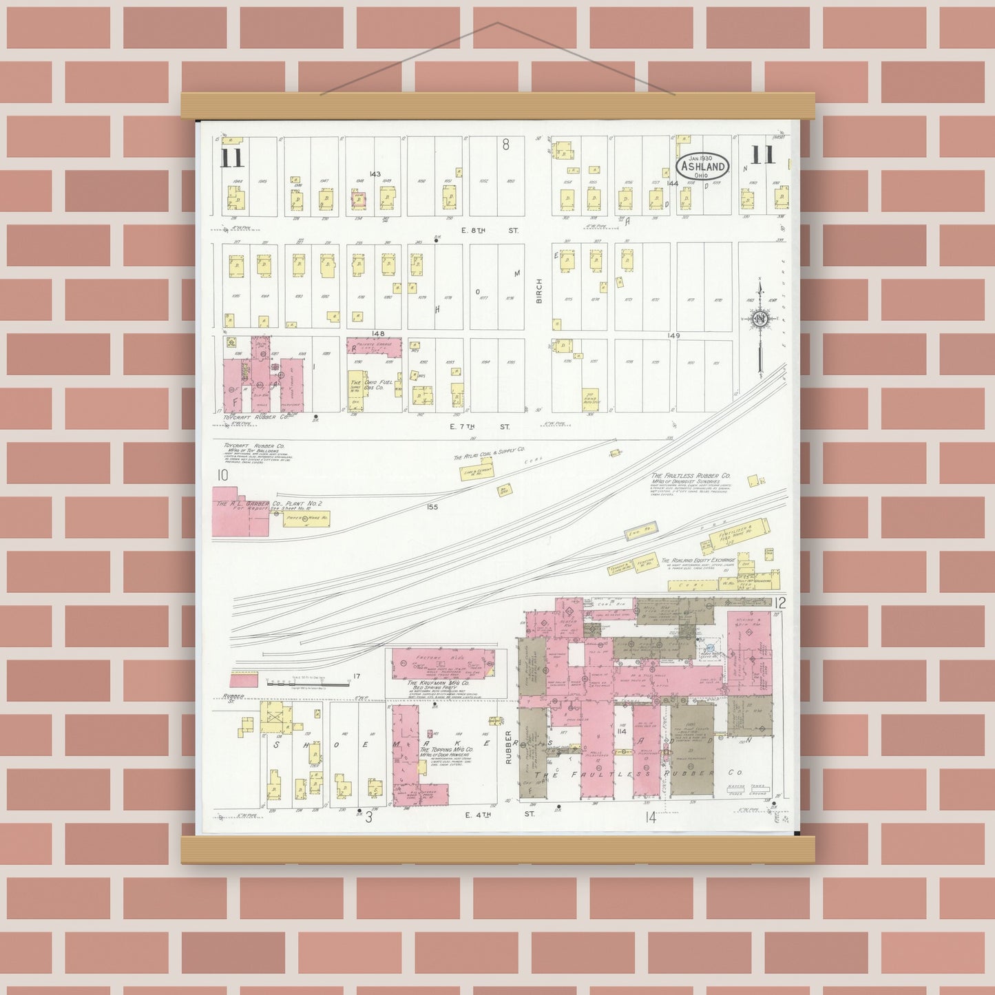Old map wall art mockup — magnetic wood frame on brick wall — Sanborn Fire Insurance Map from Ashland, Ashland County, Ohio (1930), Sheet #0011