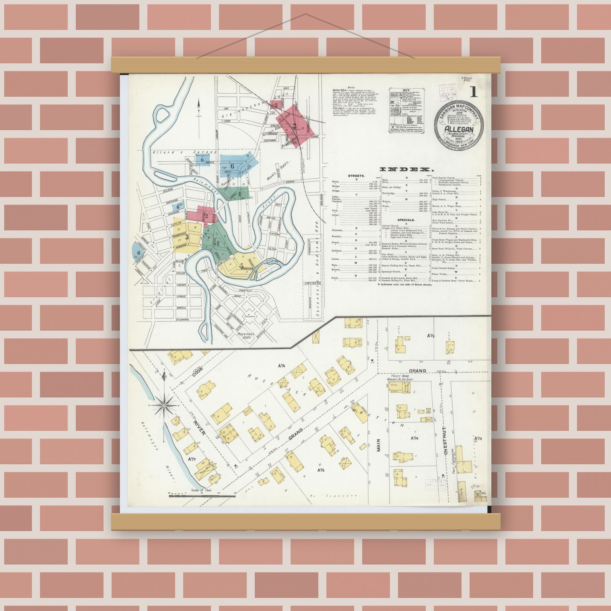Old map wall art mockup — magnetic wood frame on brick wall — Sanborn Fire Insurance Map from Allegan, Allegan County, Michigan (1906) - Complete Map Set