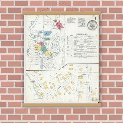 Old map wall art mockup — magnetic wood frame on brick wall — Sanborn Fire Insurance Map from Allegan, Allegan County, Michigan (1906) - Complete Map Set