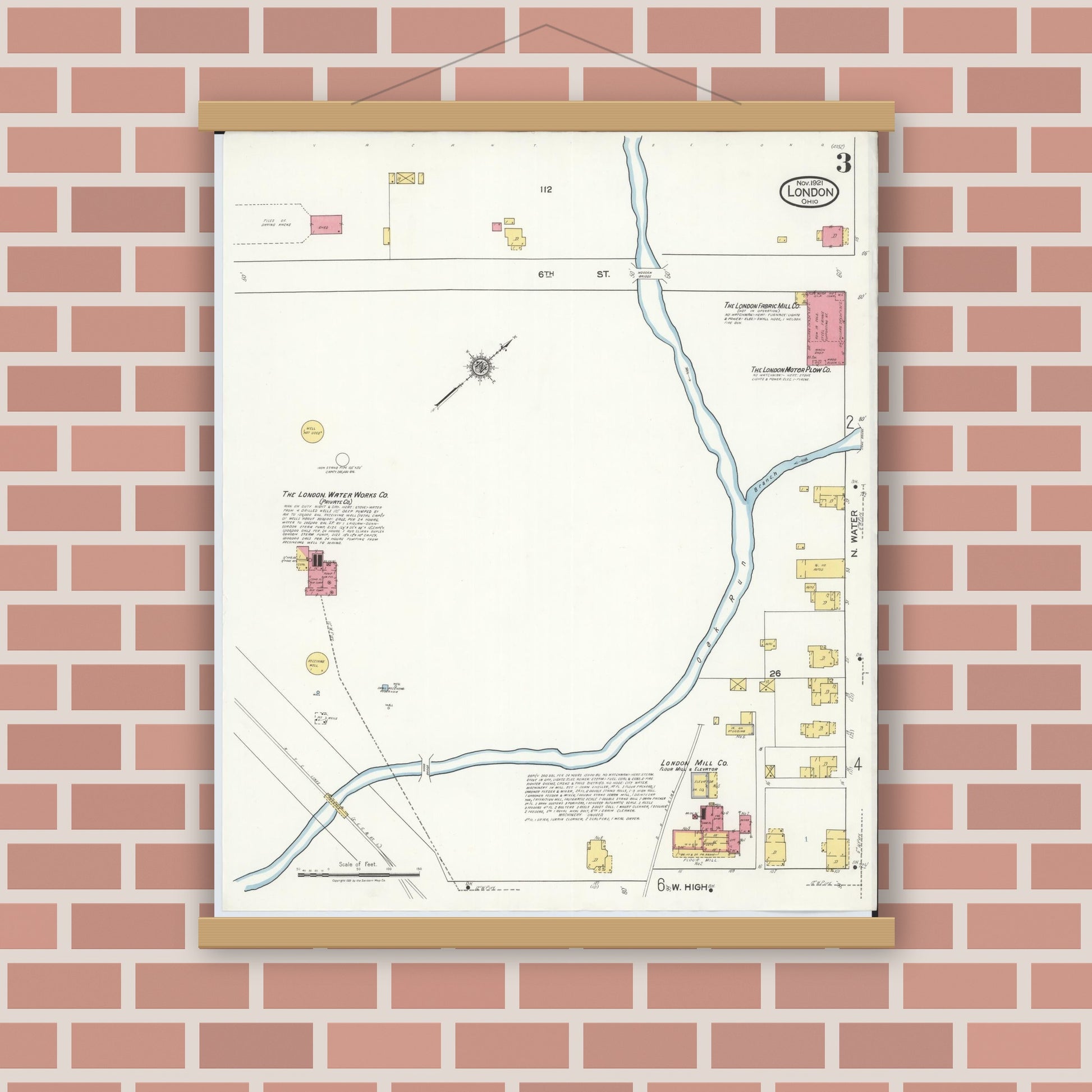 Old map wall art mockup — magnetic wood frame on brick wall — Sanborn Fire Insurance Map from London, Madison County, Ohio (1921), Sheet #0003