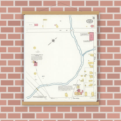 Old map wall art mockup — magnetic wood frame on brick wall — Sanborn Fire Insurance Map from London, Madison County, Ohio (1921), Sheet #0003