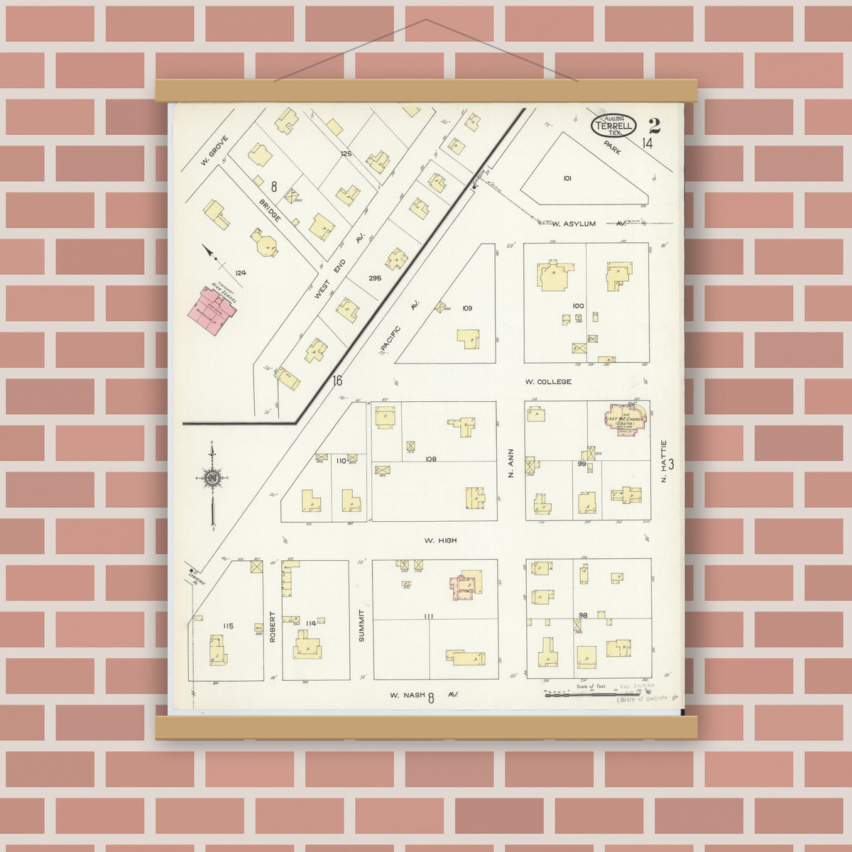 Old map wall art mockup — magnetic wood frame on brick wall — Sanborn Fire Insurance Map from Terrell, Kaufman County, Texas (1914), Sheet #0002