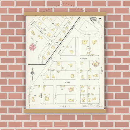Old map wall art mockup — magnetic wood frame on brick wall — Sanborn Fire Insurance Map from Terrell, Kaufman County, Texas (1914), Sheet #0002