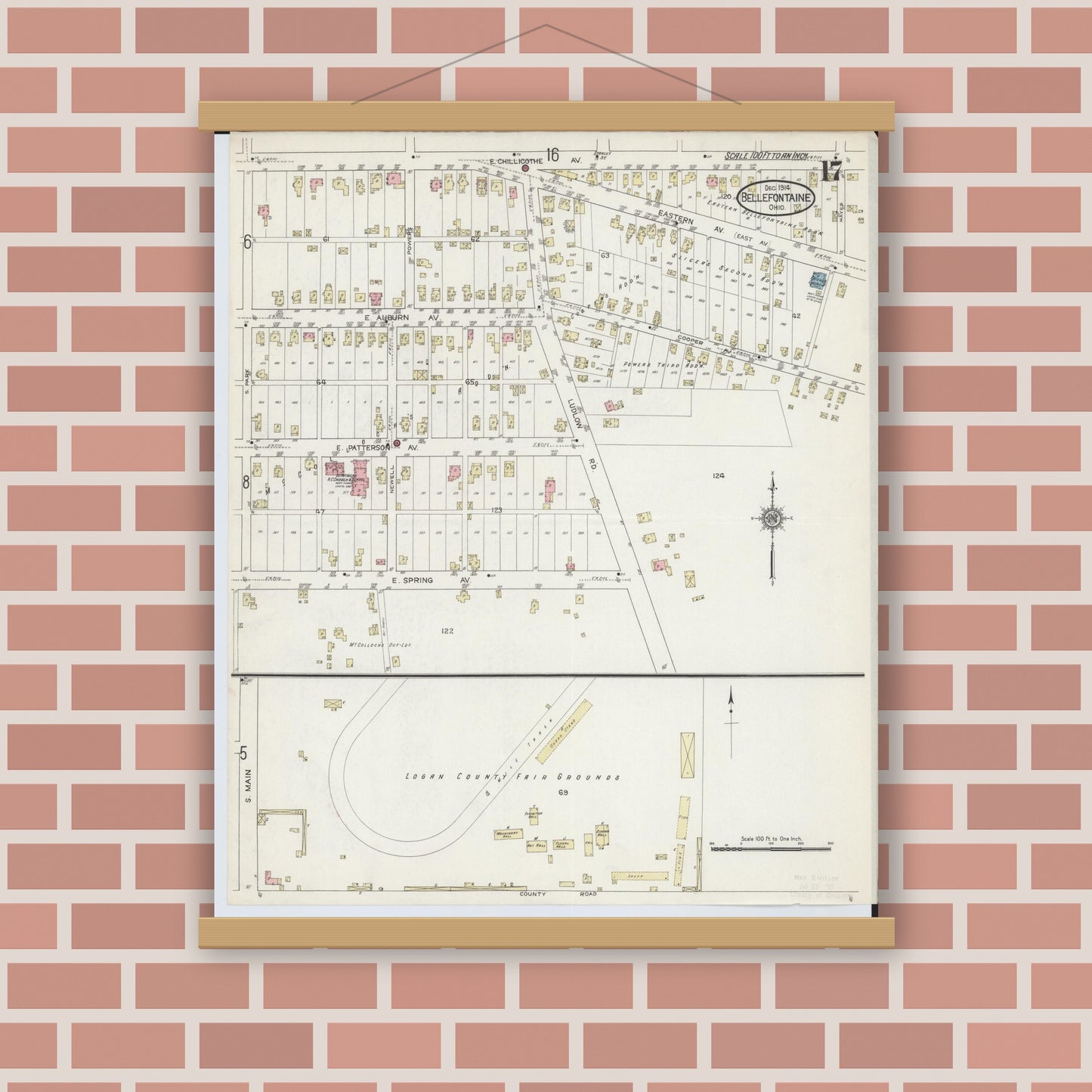Old map wall art mockup — magnetic wood frame on brick wall — Sanborn Fire Insurance Map from Bellefontaine, Logan County, Ohio (1914), Sheet #0017