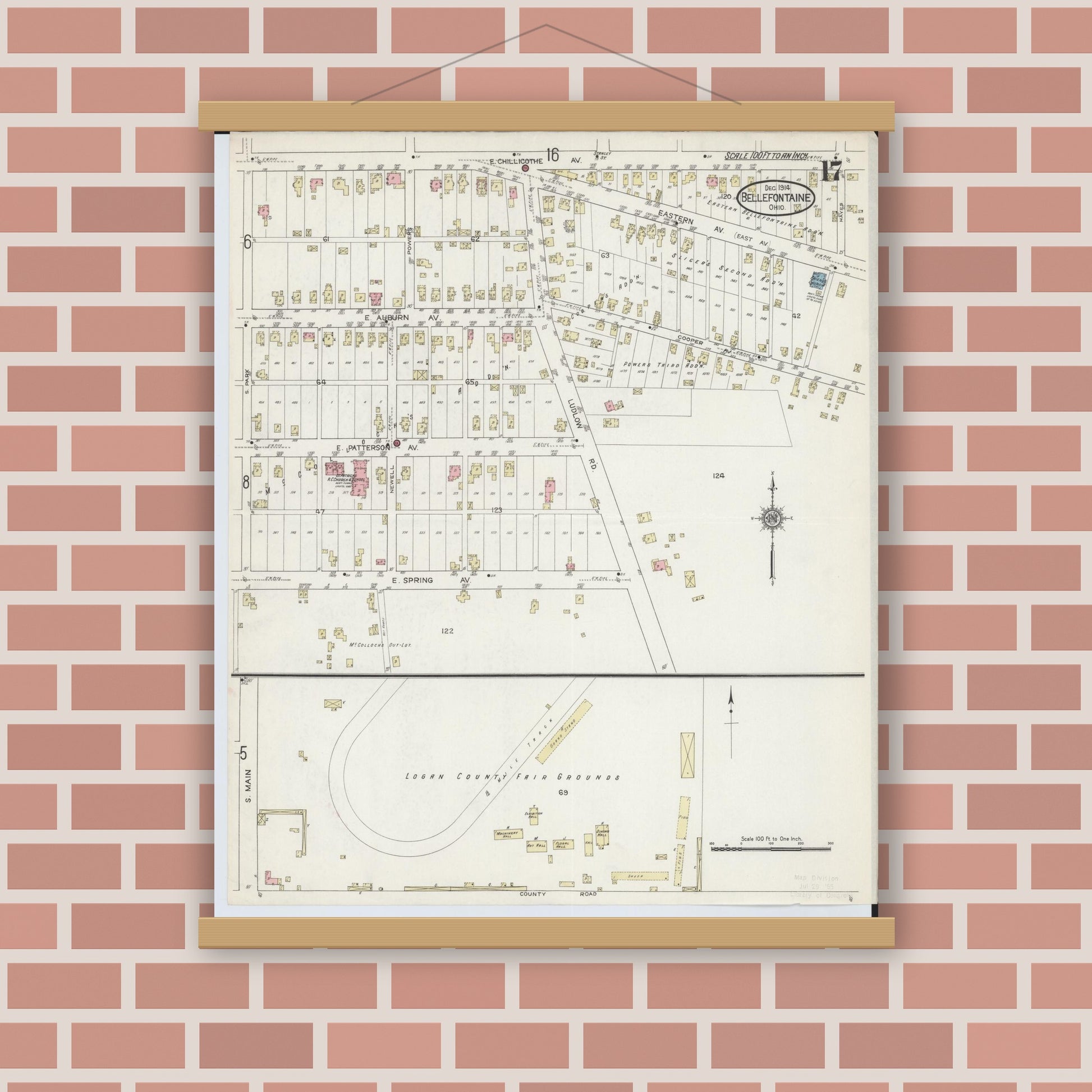 Old map wall art mockup — magnetic wood frame on brick wall — Sanborn Fire Insurance Map from Bellefontaine, Logan County, Ohio (1914), Sheet #0017