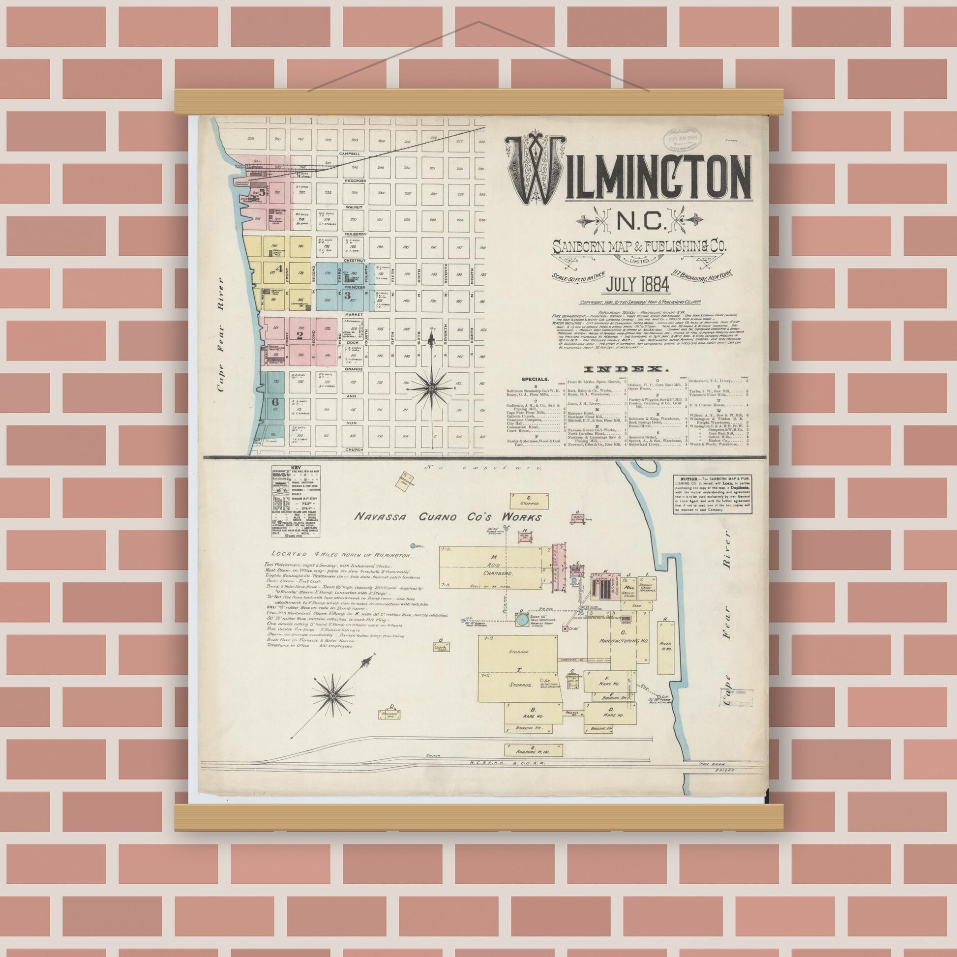 Old map wall art mockup — magnetic wood frame on brick wall — Sanborn Fire Insurance Map from Wilmington, New Hanover County, North Carolina (1884), Sheet #0001