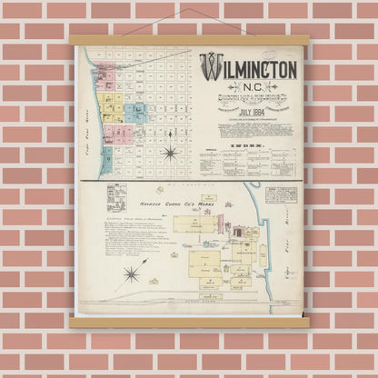 Old map wall art mockup — magnetic wood frame on brick wall — Sanborn Fire Insurance Map from Wilmington, New Hanover County, North Carolina (1884), Sheet #0001