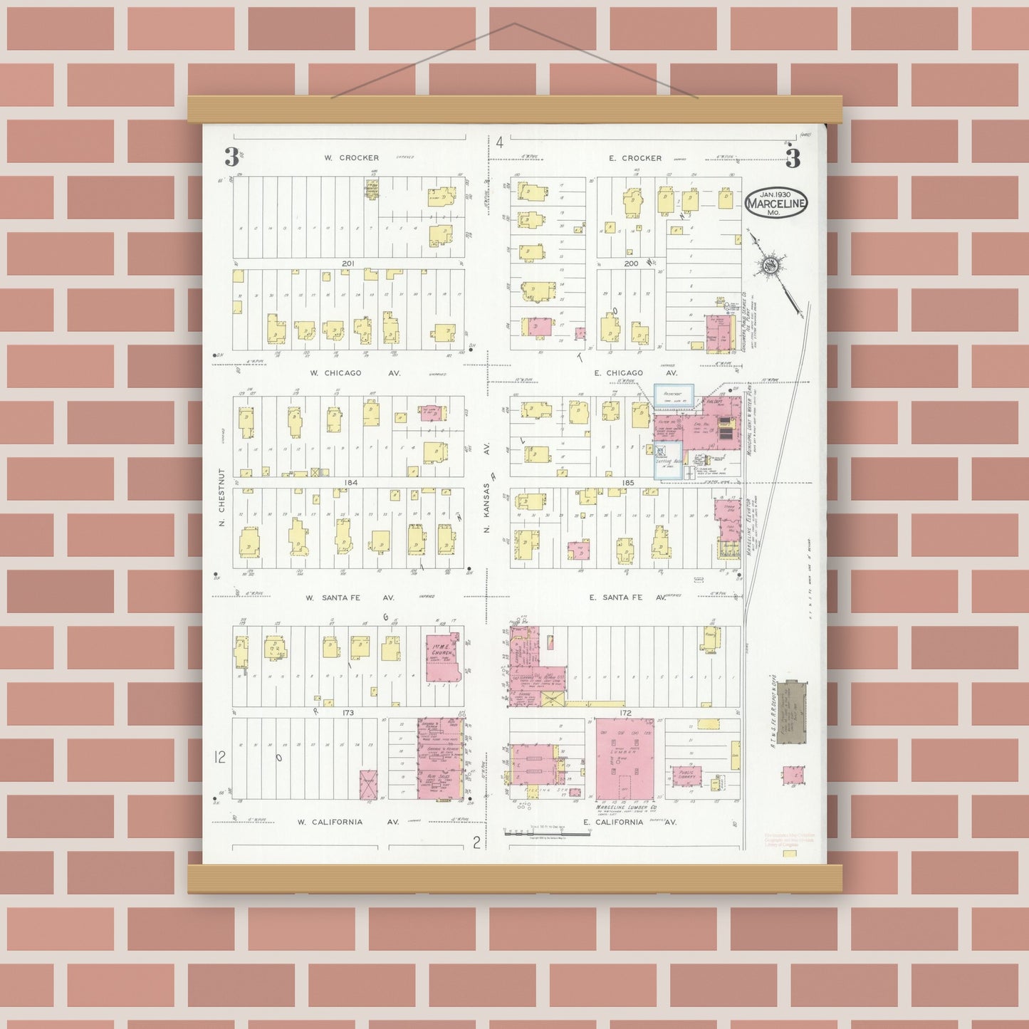 Old map wall art mockup — magnetic wood frame on brick wall — Sanborn Fire Insurance Map from Marceline, Linn County, Missouri (1930), Sheet #0003
