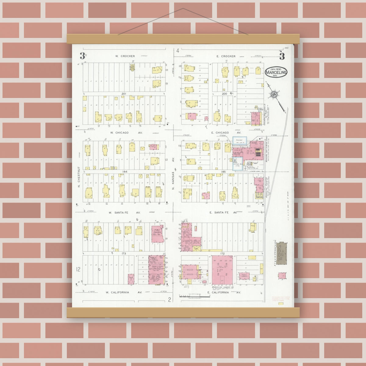 Old map wall art mockup — magnetic wood frame on brick wall — Sanborn Fire Insurance Map from Marceline, Linn County, Missouri (1930), Sheet #0003