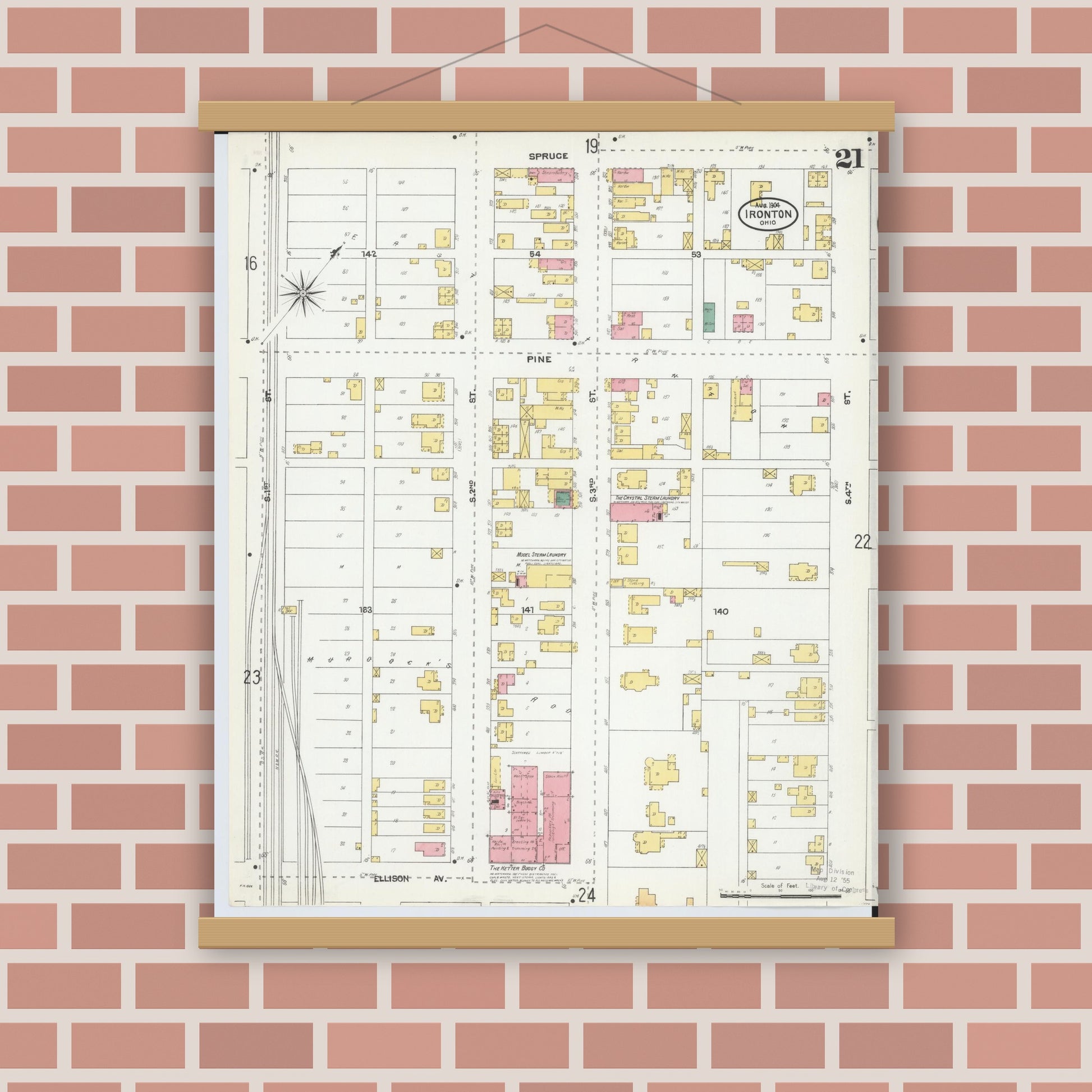 Old map wall art mockup — magnetic wood frame on brick wall — Sanborn Fire Insurance Map from Ironton, Lawrence County, Ohio (1904), Sheet #0021