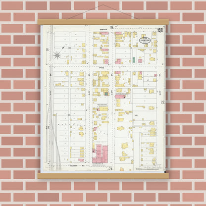 Old map wall art mockup — magnetic wood frame on brick wall — Sanborn Fire Insurance Map from Ironton, Lawrence County, Ohio (1904), Sheet #0021
