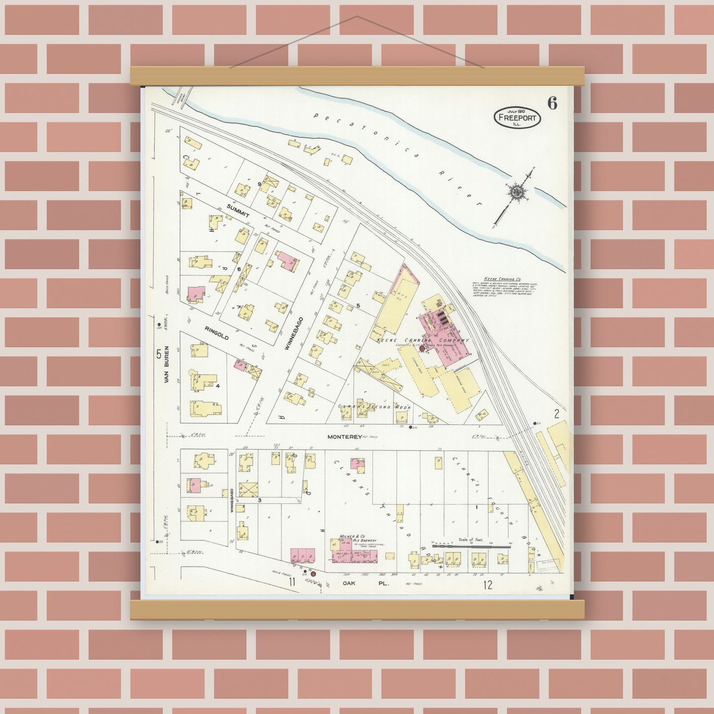 Old map wall art mockup — magnetic wood frame on brick wall — Sanborn Fire Insurance Map from Freeport, Stephenson County, Illinois (1910), Sheet #0006