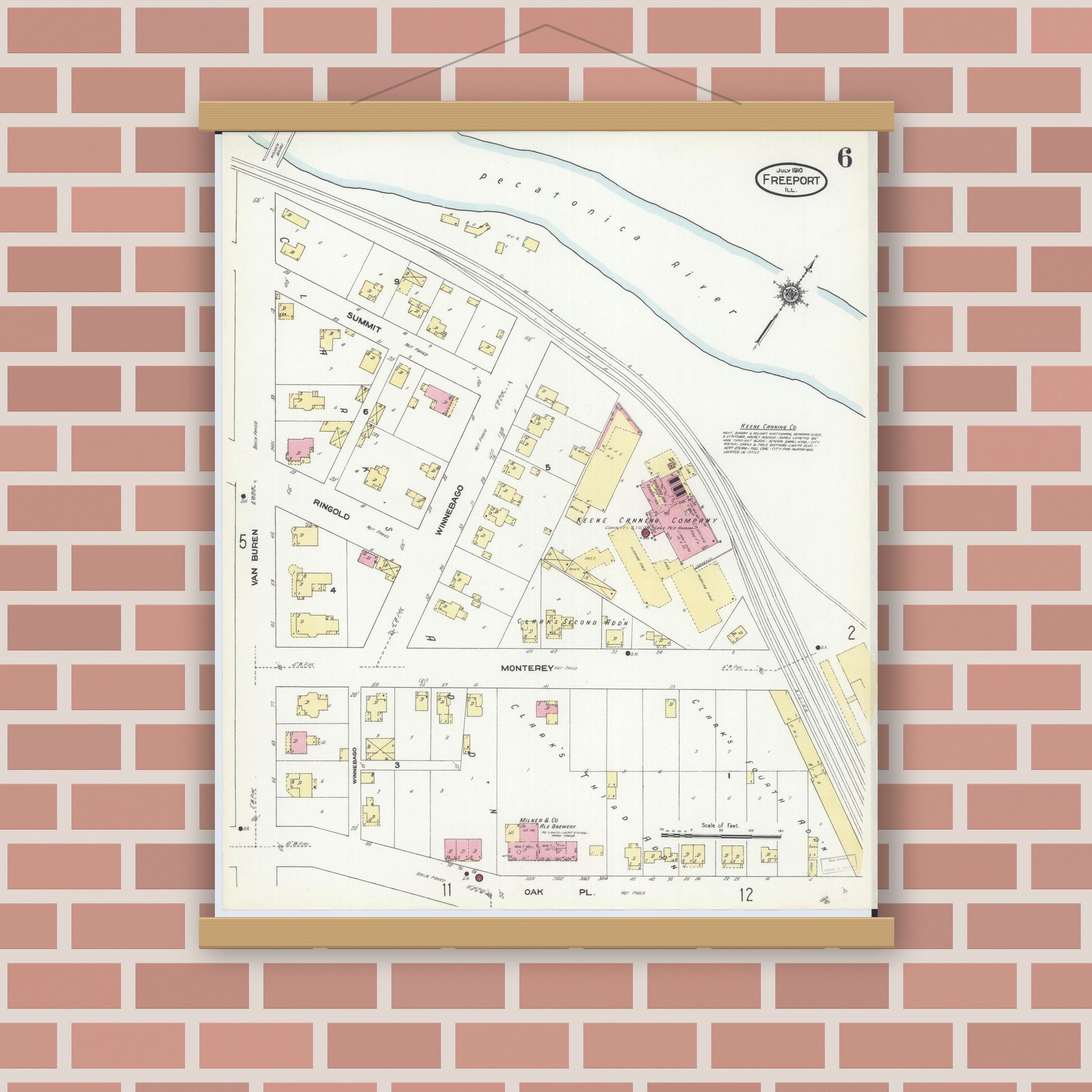 Old map wall art mockup — magnetic wood frame on brick wall — Sanborn Fire Insurance Map from Freeport, Stephenson County, Illinois (1910), Sheet #0006
