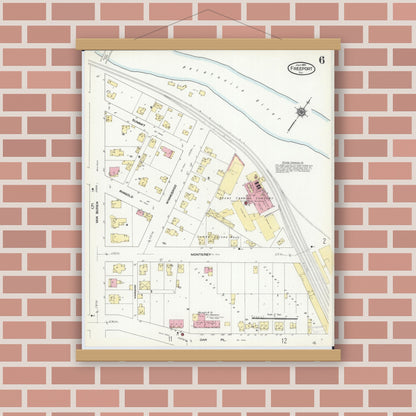 Old map wall art mockup — magnetic wood frame on brick wall — Sanborn Fire Insurance Map from Freeport, Stephenson County, Illinois (1910), Sheet #0006