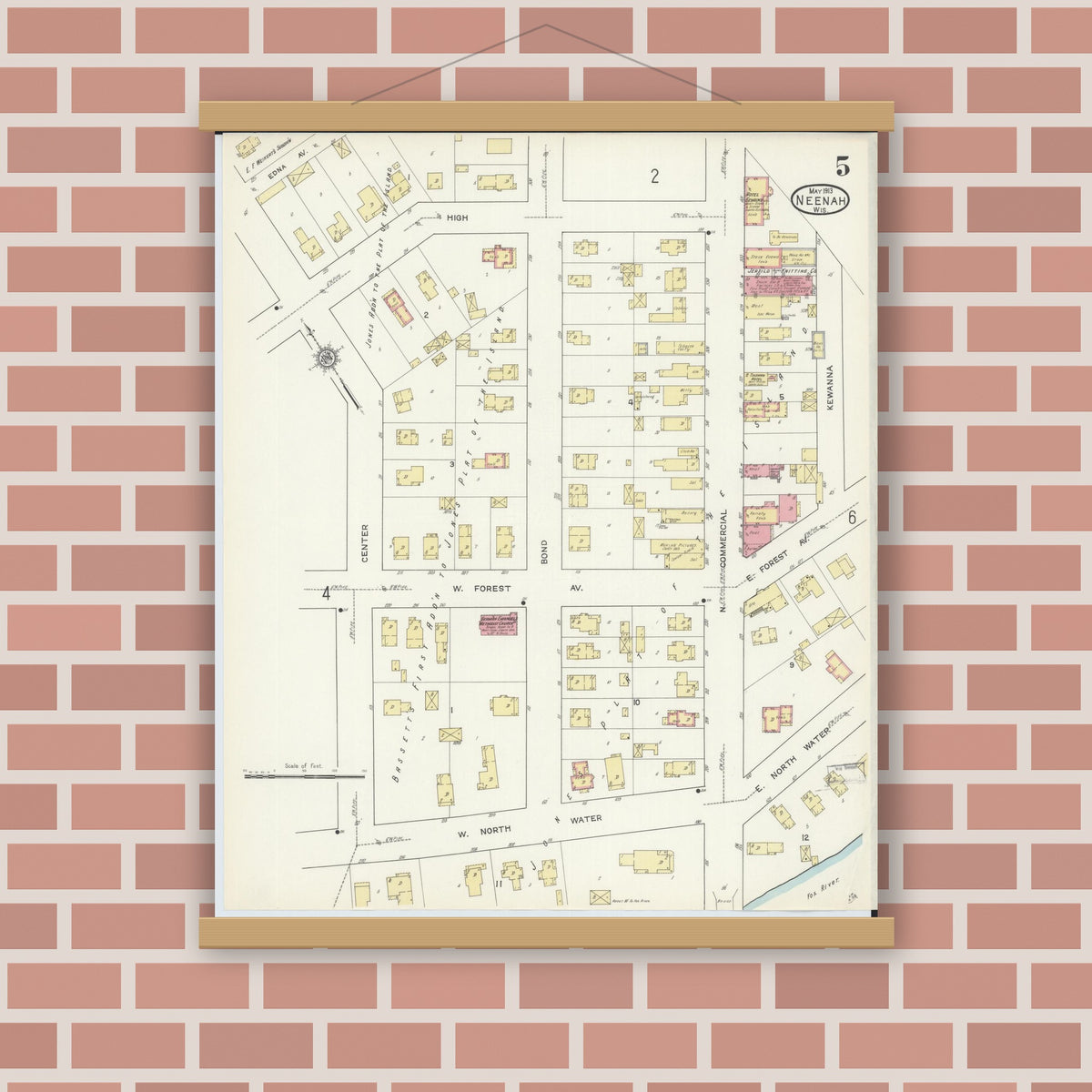 Old map wall art mockup — magnetic wood frame on brick wall — Sanborn Fire Insurance Map from Neenah, Winnebago County, Wisconsin (1913), Sheet #0005