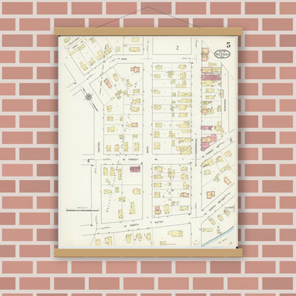 Old map wall art mockup — magnetic wood frame on brick wall — Sanborn Fire Insurance Map from Neenah, Winnebago County, Wisconsin (1913), Sheet #0005