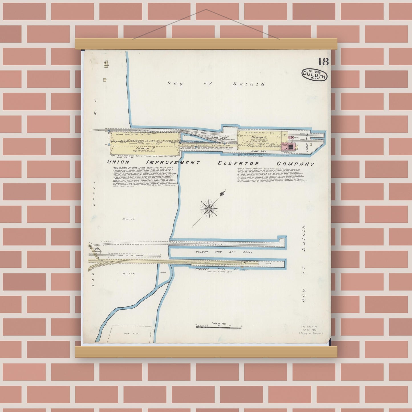 Old map wall art mockup — magnetic wood frame on brick wall — Sanborn Fire Insurance Map from Duluth, Saint Louis County, Minnesota (1885), Sheet #0018