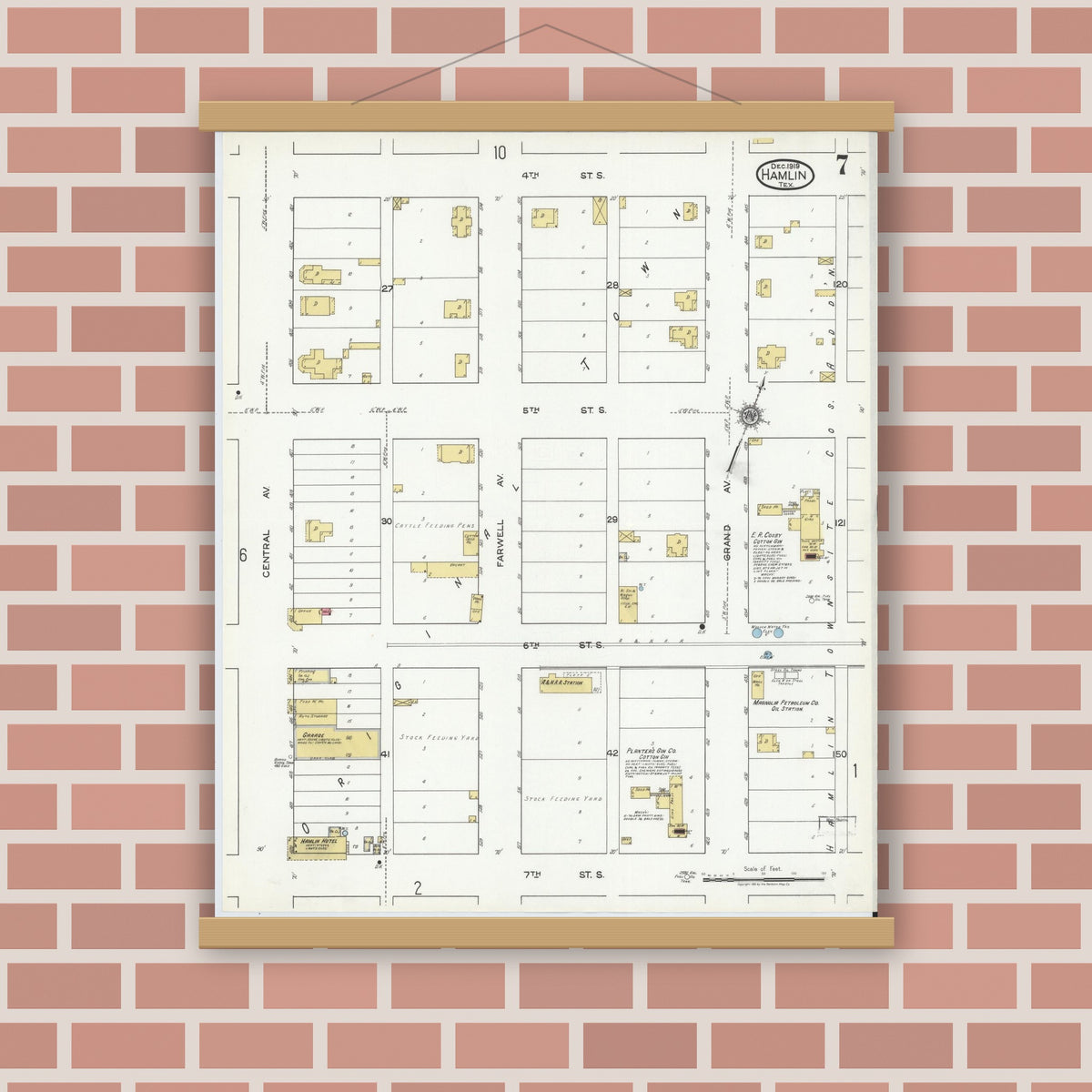 Old map wall art mockup — magnetic wood frame on brick wall — Sanborn Fire Insurance Map from Hamlin, Jones County, Texas (1919), Sheet #0007