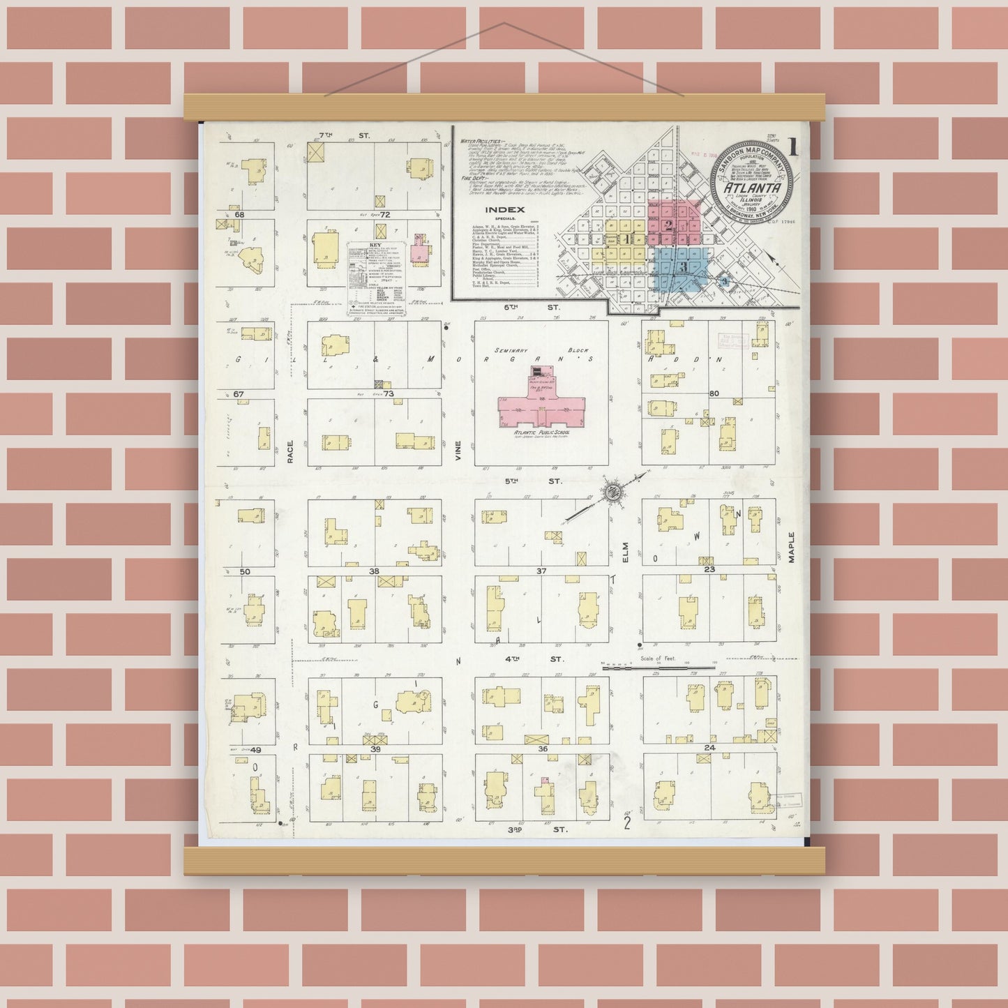 Old map wall art mockup — magnetic wood frame on brick wall — Sanborn Fire Insurance Map from Atlanta, Logan County, Illinois (1910), Sheet #0001