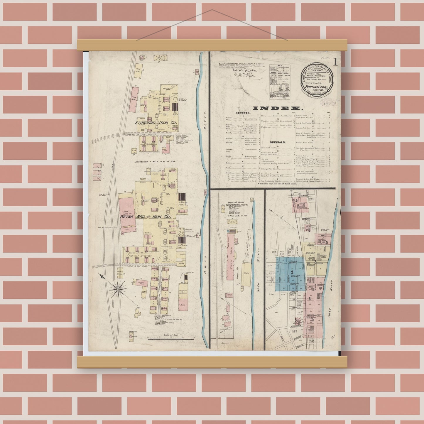 Old map wall art mockup — magnetic wood frame on brick wall — Sanborn Fire Insurance Map from Martins Ferry, Belmont County, Ohio (Unknown), Sheet #0001