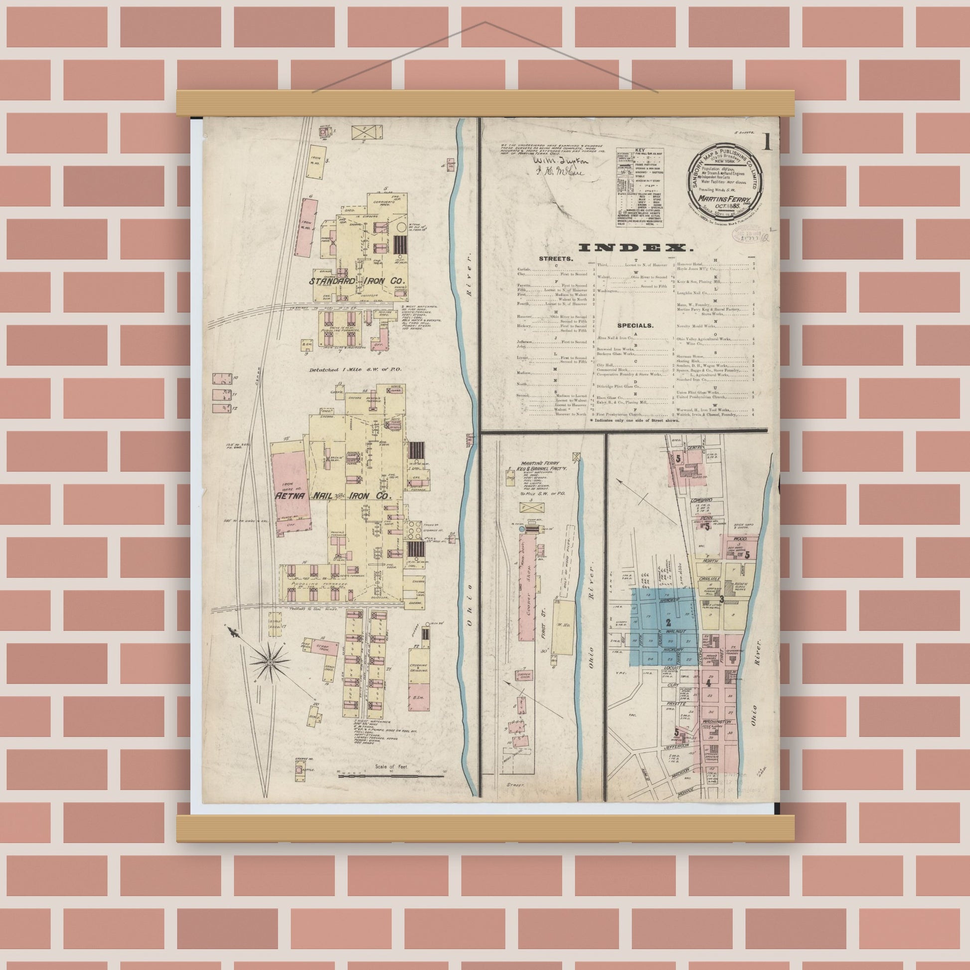 Old map wall art mockup — magnetic wood frame on brick wall — Sanborn Fire Insurance Map from Martins Ferry, Belmont County, Ohio (Unknown), Sheet #0001