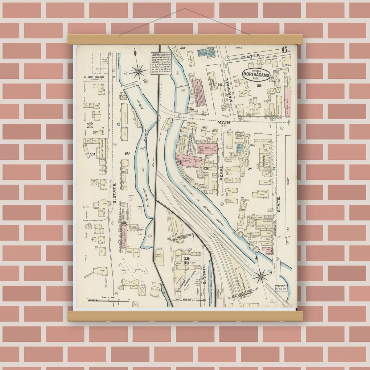 Old map wall art mockup — magnetic wood frame on brick wall — Sanborn Fire Insurance Map from North Adams, Berkshire County, Massachusetts (1884), Sheet #0006