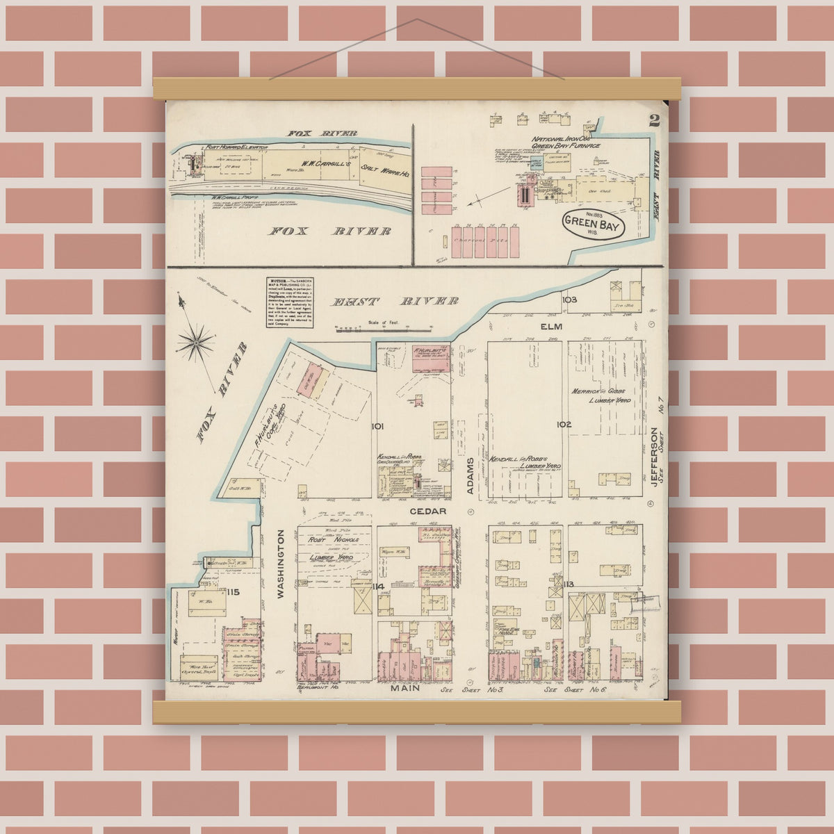 Old map wall art mockup — magnetic wood frame on brick wall — Sanborn Fire Insurance Map from Green Bay, Brown County, Wisconsin (1883) - Complete Map Set