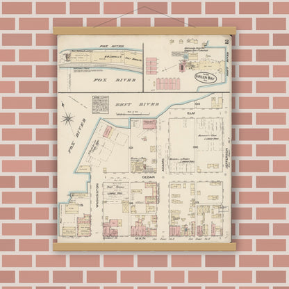 Old map wall art mockup — magnetic wood frame on brick wall — Sanborn Fire Insurance Map from Green Bay, Brown County, Wisconsin (1883) - Complete Map Set