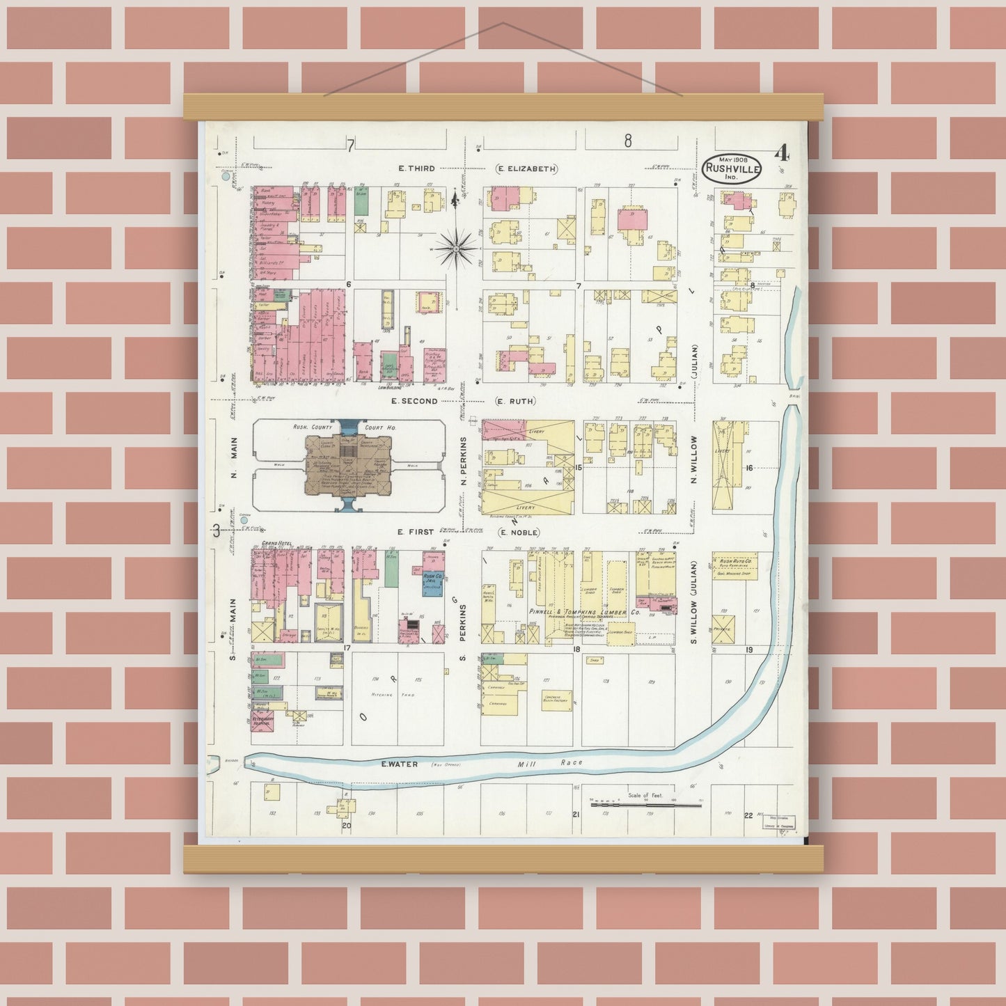 Old map wall art mockup — magnetic wood frame on brick wall — Sanborn Fire Insurance Map from Rushville, Rush County, Indiana (1908), Sheet #0004