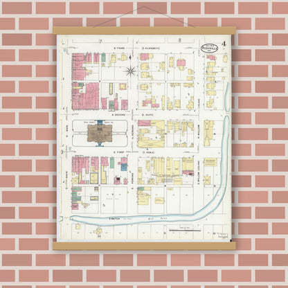 Old map wall art mockup — magnetic wood frame on brick wall — Sanborn Fire Insurance Map from Rushville, Rush County, Indiana (1908), Sheet #0004