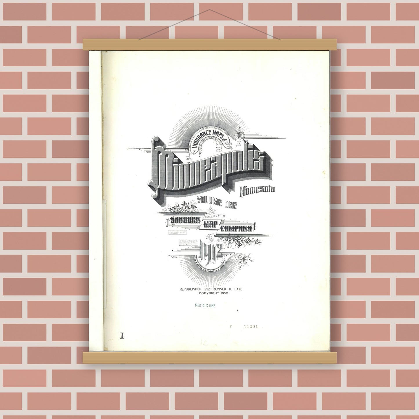 Old map wall art mockup — magnetic wood frame on brick wall — Sanborn Fire Insurance Map from Minneapolis, Hennepin County, Minnesota (1952), Sheet #0001