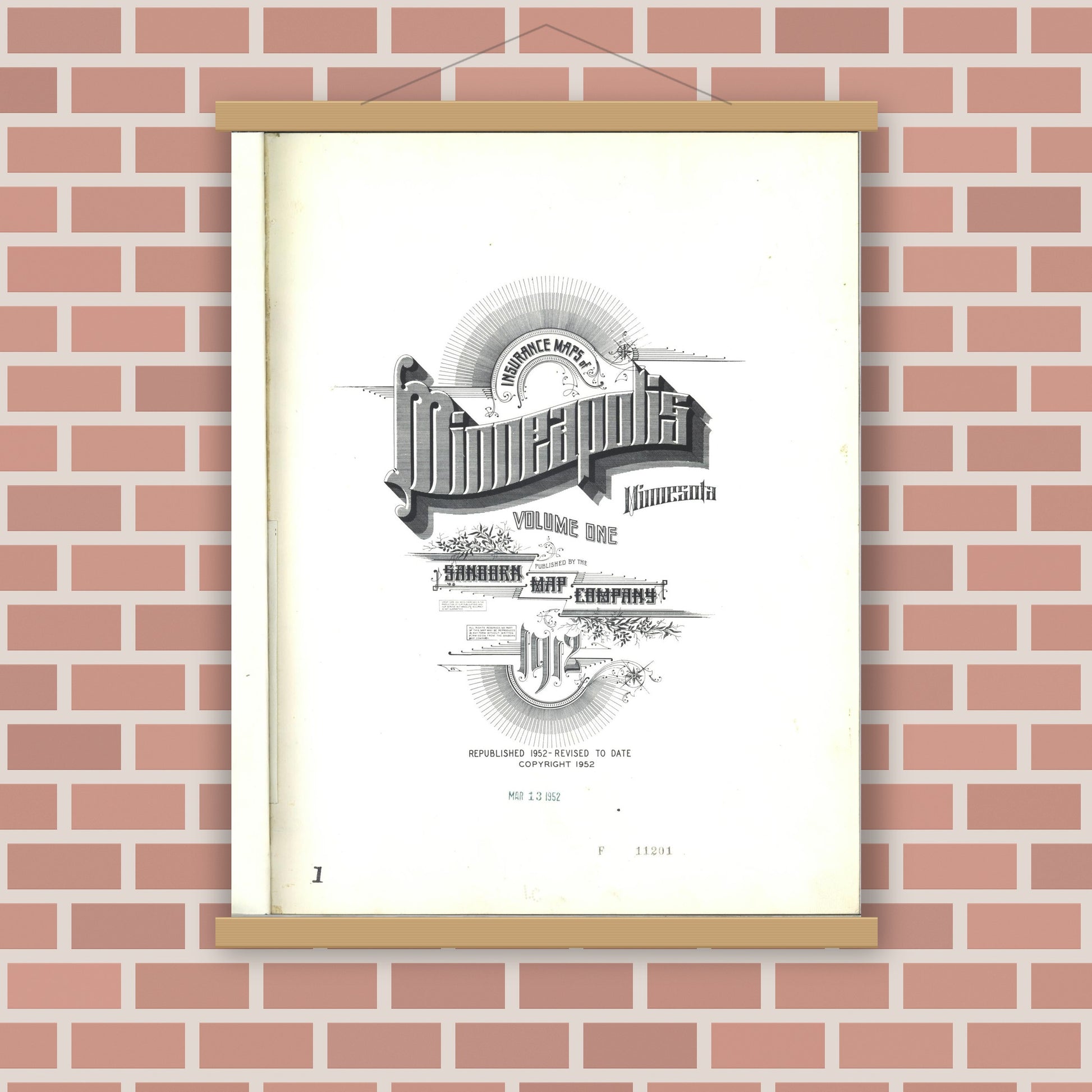 Old map wall art mockup — magnetic wood frame on brick wall — Sanborn Fire Insurance Map from Minneapolis, Hennepin County, Minnesota (1952), Sheet #0001