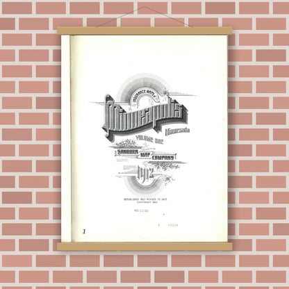 Old map wall art mockup — magnetic wood frame on brick wall — Sanborn Fire Insurance Map from Minneapolis, Hennepin County, Minnesota (1952), Sheet #0001