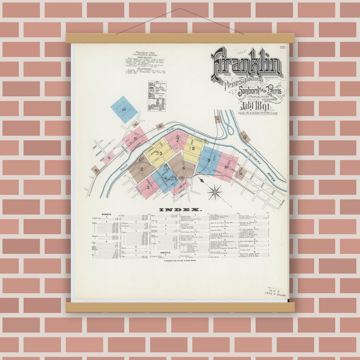 Old map wall art mockup — magnetic wood frame on brick wall — Sanborn Fire Insurance Map from Franklin, Venango County, Pennsylvania (1891) - Complete Map Set