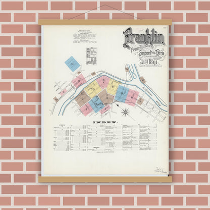 Old map wall art mockup — magnetic wood frame on brick wall — Sanborn Fire Insurance Map from Franklin, Venango County, Pennsylvania (1891) - Complete Map Set
